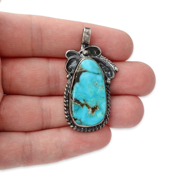 Vintage Navajo Turquoise Sterling Silver Necklace Pendant Large Native American - Picture 2 of 5